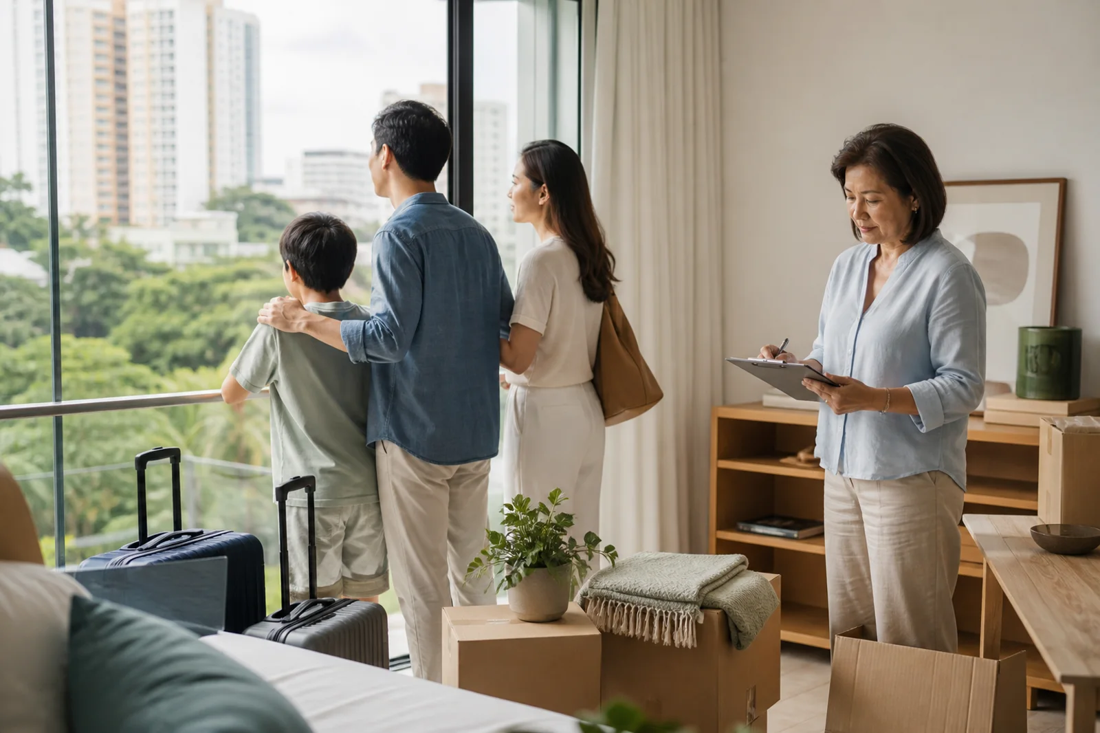 Concept-cast family arriving at a Singapore home during relocation