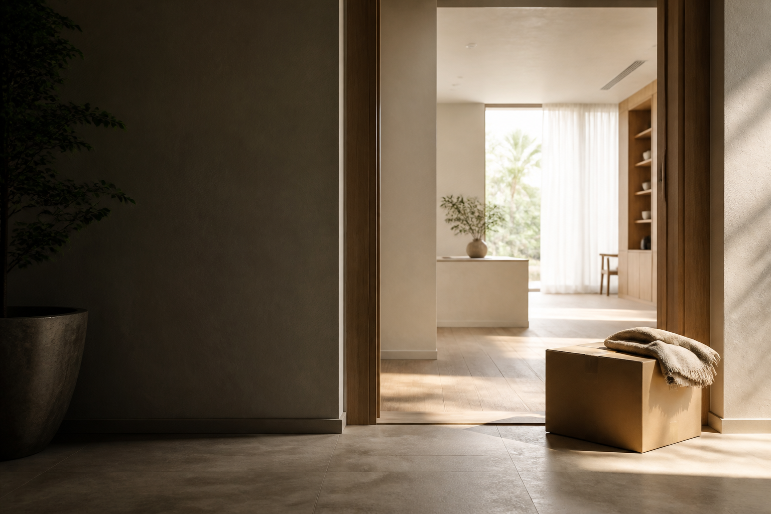 A calm interior threshold representing a planned move between homes