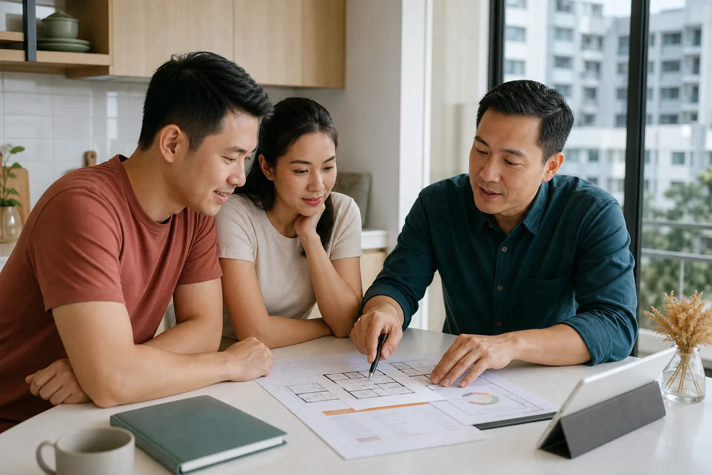A fictional adviser helping a young couple review a first-home plan