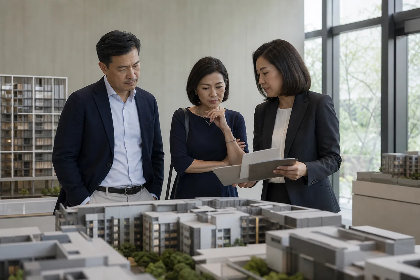 Fictional adviser helping a couple compare property options using a scale model